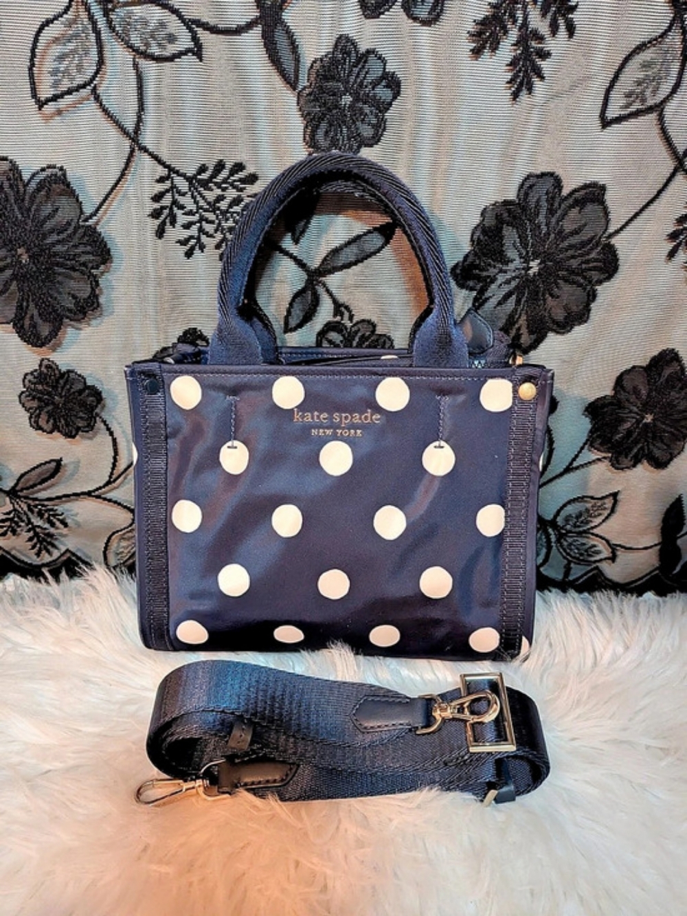 Kate Spade New York Polka Dot Mini Tote Crossbody Bag White & Navy Blue